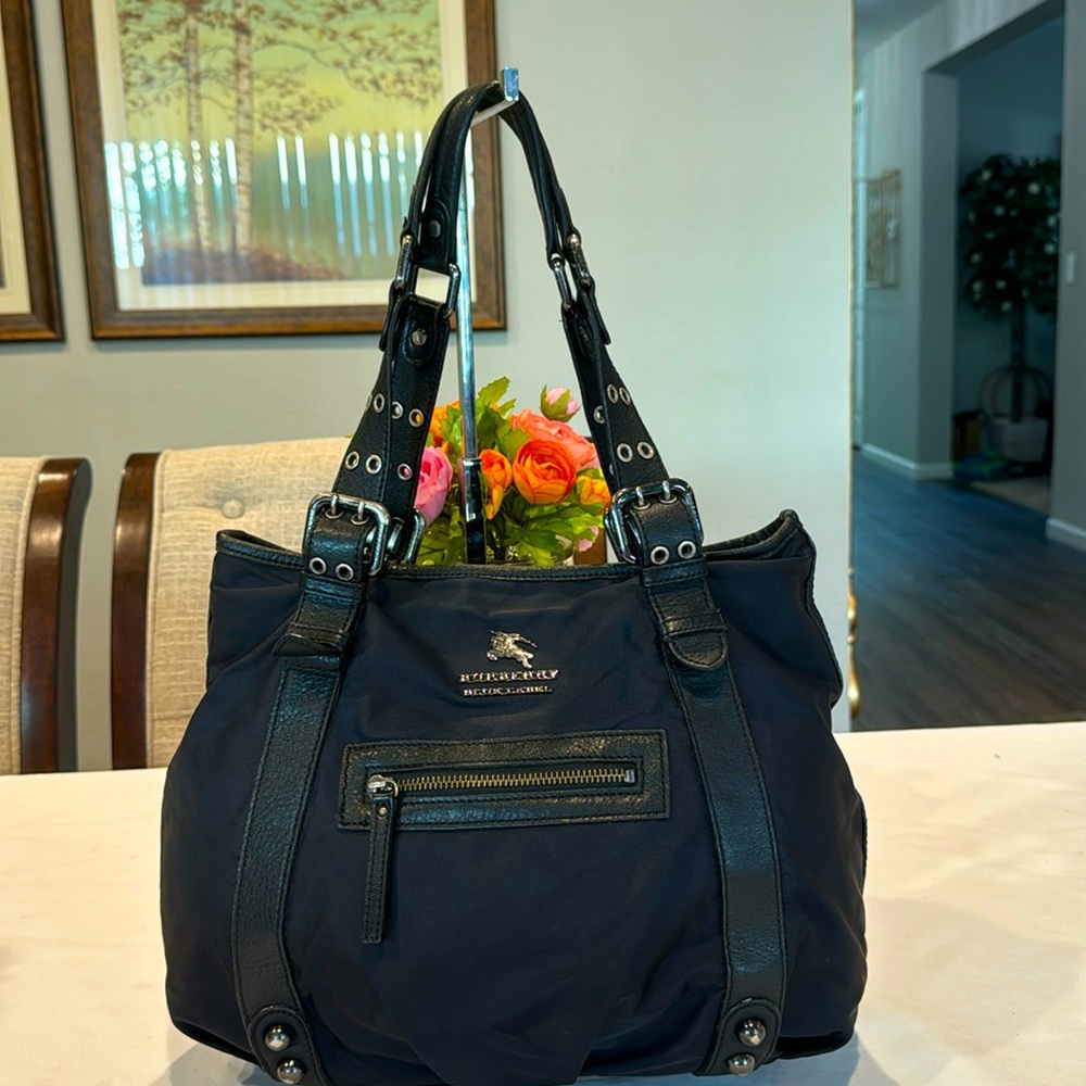 Burberry Black Nylon Shoulder Tote with Leather Trim